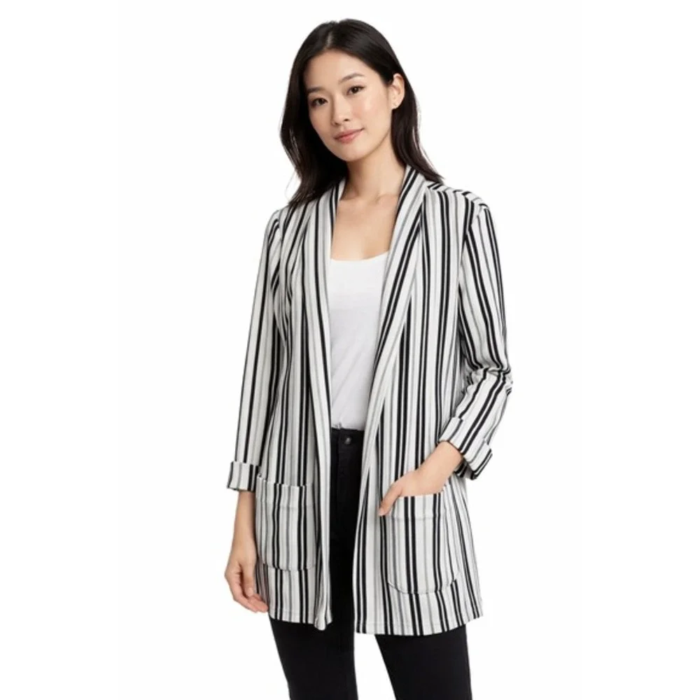 Amisu‎ Striped Open Front Blazer Jacket Black White Size 10 RN149557